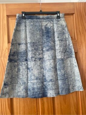 Vintage 90s Crossing Pointe Marble Patchwork Leather A-Line Blue MIdi Skirt 10